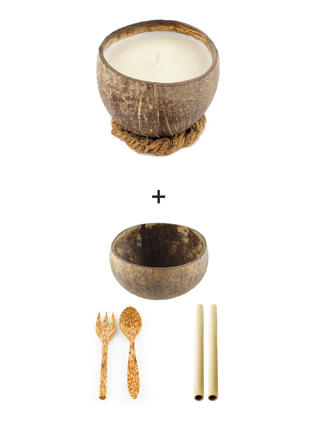 Coco Candle Co - coconut shell candle, coconut bowl, cutlery and bamboo straw value pack